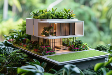 high view of a modern minimalist mini house with grass lawn, flowers garden and many tropical plants, mini pool - obrazy, fototapety, plakaty