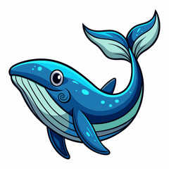 Cartoon huge blue whale underwater, the character is cute. Vector illustration isolated on white