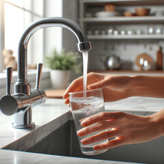 Woman filling glass with tap water from faucet in white kitchen