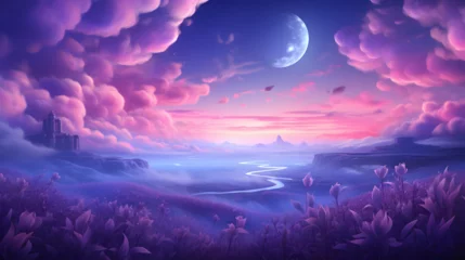 Poster Donkerblauw landscape with moon and clouds,, landscape with moon