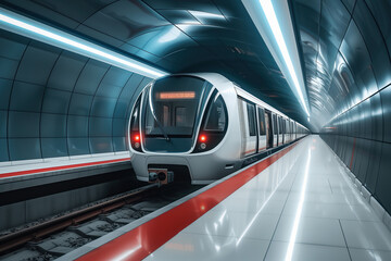 An electric train equipped with automotive lighting is arriving at a station within a tunnel, a transport hub for rolling stock vehicles on railway tracks.