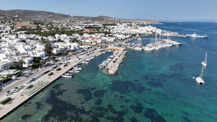Aerial drone photo of traditional whitewashed picturesque main village of Paroikia or hora with unique Cycladic architecture, Paros island, Cyclades, Greece - obrazy, fototapety, plakaty