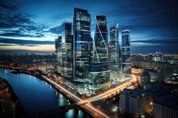 Obraz premium Twilight Cityscape with Modern Skyscrapers