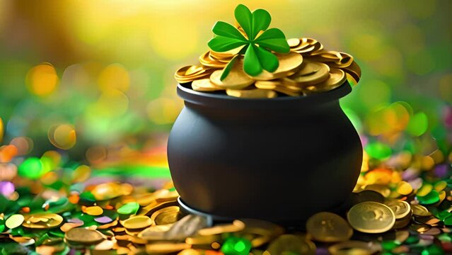 Saint Patrick s Day. Pot full of golden coins with rainbow .Traditional Irish symbol of success and luck. Leprechaun s gold. Celebrative, festive 3D Render concept sparkling lights moving around