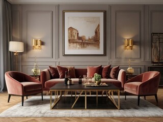 Fototapeta na wymiar 3D illustration, mock up large blank photo over sofa set in living room, interior and decorated with luxury furniture, Food and wine equipment on dining table with chairs rendering 