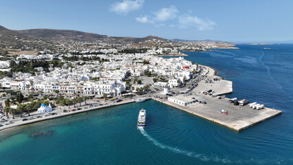 Aerial drone photo of traditional whitewashed picturesque main village of Paroikia or hora with...