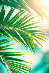 green palm leaf on tropical beach with bokeh sun light wave abstract background