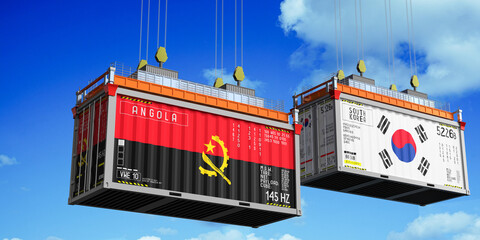 Shipping containers with flags of Angola and South Korea - 3D illustration