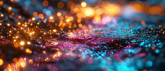 Vibrant neon lights reflecting on a wet, glitter-covered surface