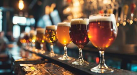 Glasses with different beers, light and dark, stand on the bar in a row