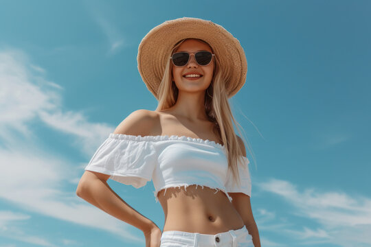 Smiling Woman in Straw Hat and Sunglasses