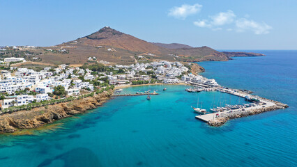 Aerial drone photo of small port and beach of Piso livadi in island of Paros, Cyclades, Greece