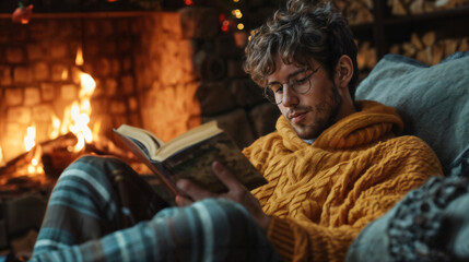 Obraz premium Cozy Winter Reading by Fireplace. Generative AI