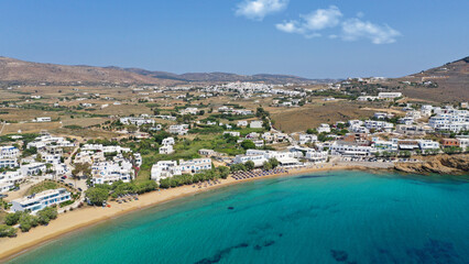 Fototapeta na wymiar Aerial drone photo of small port and beach of Piso livadi in island of Paros, Cyclades, Greece