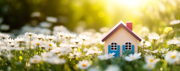 Background of the miniature house standing on the field of blooming chamomiles. Buying and selling new home in the countryside concept.