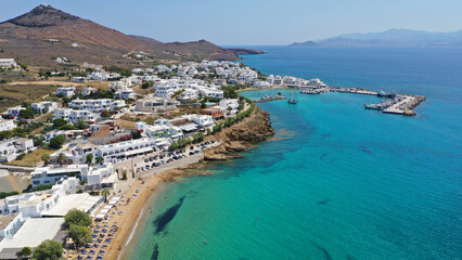 Aerial drone photo of small port and beach of Piso livadi in island of Paros, Cyclades, Greece