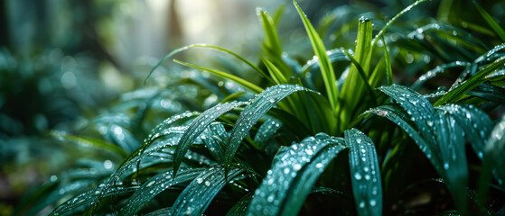 A detailed view of a plant showcasing its intricate features and adorned with glistening water droplets