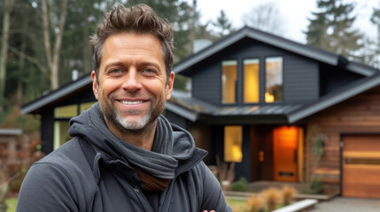 Fototapeta premium Smiling man in front of his modern home