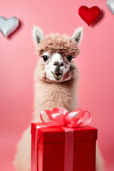 Naklejka premium Cute llama with gif box and heart shaped balloons. Romantic alpaca. Happy valentines day card.
