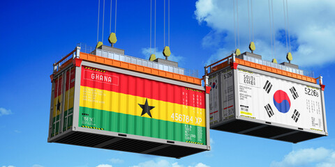 Shipping containers with flags of Ghana and South Korea - 3D illustration