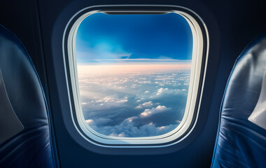 Flying high above, blue sky, passenger looks through window generated by AI