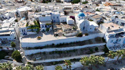Aerial drone photo of traditional settlement and Frankish Castle of Paroikia with unique Cycladic...