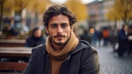 Attractive Italian guy with long hair and stubble sits on street bench