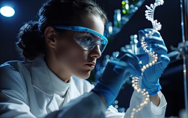 Focused scientist with dna model - precision and innovation in genetic research.