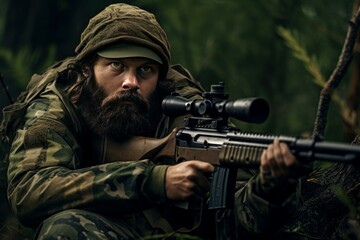 Obraz premium Man wearing camouflage and aiming with hunting rifle in forest. Outdoor ammo game hunter. Generate Ai