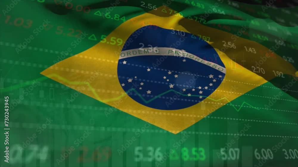 Wall mural Animation of financial data processing over flag of brazil