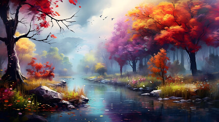 Fototapeta premium autumn landscape with a lake,, landscape with trees and water