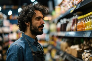Fototapeta premium Young ethnic male seller with curly hair in apron selling bulk food in supermarket.