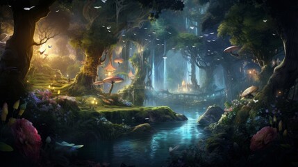 Mystical forest with fairies and sparkling magical elements, transporting viewers to a realm of fantasy and enchantment - obrazy, fototapety, plakaty