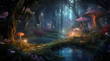Mystical forest with fairies and sparkling magical elements, transporting viewers to a realm of fantasy and enchantment