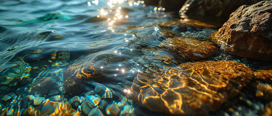 The setting sun's golden glow reflects on the water's surface by the rocky edge