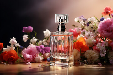Obraz na płótnie Canvas Parfume bottle with flowers and copy space