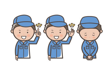 作業員、清掃員の上半身3ポーズセット_謝る_ポイント_了解