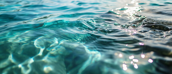 The setting sun's golden glow reflects on the water's surface by the rocky edge
