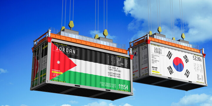 Shipping containers with flags of Jordan and South Korea - 3D illustration