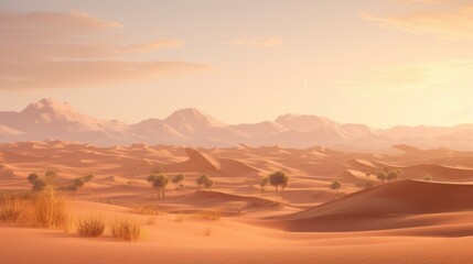 Desert landscape with sand dunes and a shimmering oasis, creating a sense of mystery and exploration
