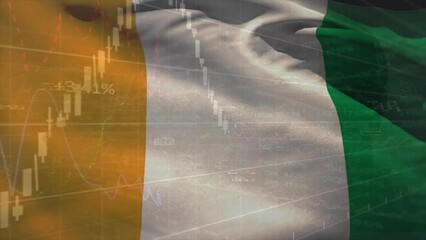Animation of financial data processing over flag of ivory coast - Powered by Adobe