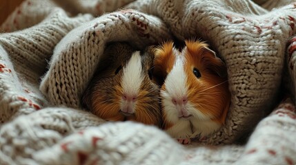 Guinea pig couple snuggling in a cozy blanket nest generative ai