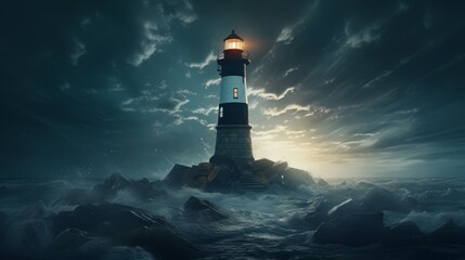 Lighthouse beaming light into the darkness, symbolizing guidance, hope, and perseverance