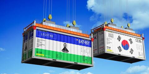 Shipping containers with flags of Lesotho and South Korea - 3D illustration