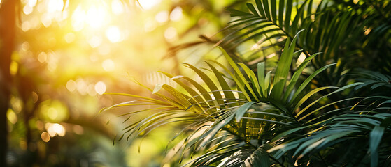 Fototapeta na wymiar Sunbeams filter through vibrant green palm leaves