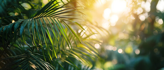 Fototapeta na wymiar Golden sunlight filters through tropical palm fronds, creating a warm