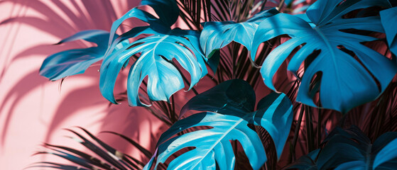 Teal-colored palm leaves artfully contrast against a pink background for a tropical feel