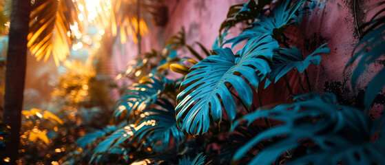 Fototapeta na wymiar Blue tinted tropical palm leaves stand out on a warm pink background