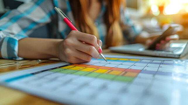 Event planner timetable agenda plan on organize schedule event. Business woman using mobile phone and taking note on calendar desk on office table