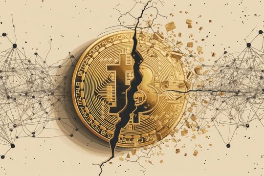 An illustration featuring Bitcoin representation, useful for discussing the crypto currency, networking,  blockchain, mining, and bitcoin halving event. Generative AI. 